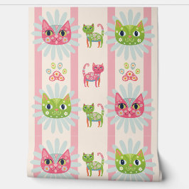 Papel Pintado daisy kitty cat caras rayas rosas