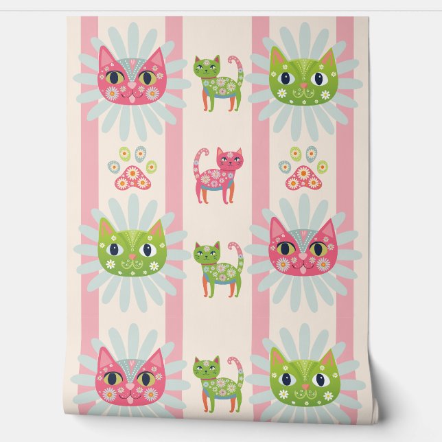 Papel Pintado daisy kitty cat caras rayas rosas (Desenrollar)