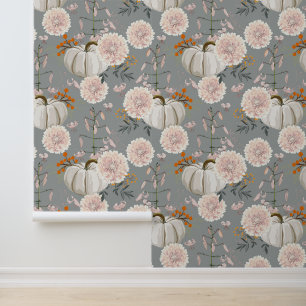Papel Pintado dalia beige blanca, flores, hierbas y calabaza