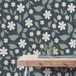 Papel Pintado Dalia de arte popular en verde salvia apagado y az