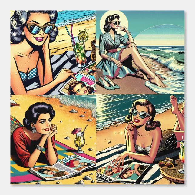 Papel Pintado Damas retro de mediados del siglo 1950 en la playa (Anverso)
