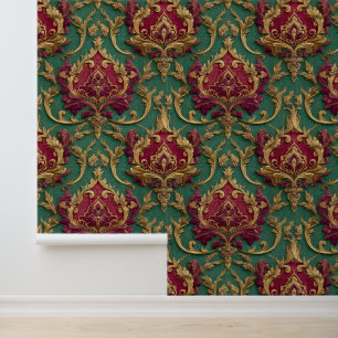 Papel Pintado Damasco barroco de Borgoña esmeralda