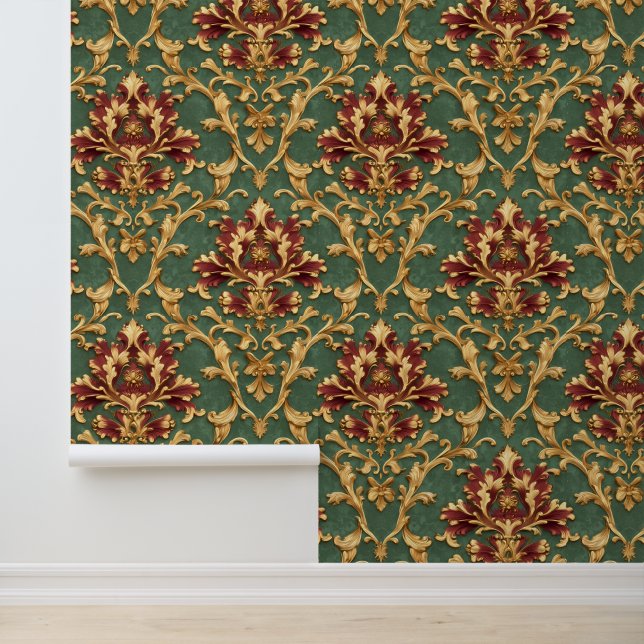 Papel Pintado Damasco barroco de oro esmeralda (Solicitud)