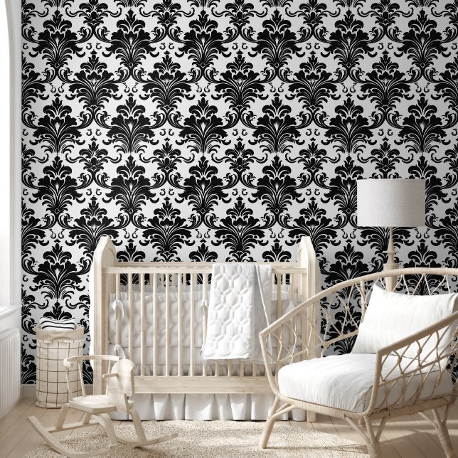 Papel Pintado Damasco blanco y negro de época moderno (Niños)