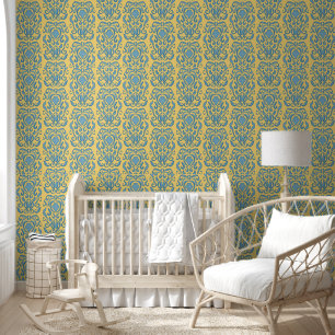 Papel Pintado Damasco crema amarillento antiguo y azul turquesa