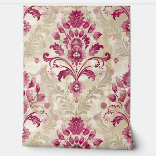 Papel Pintado Damasco de color rosa y crema y Perlas falsas