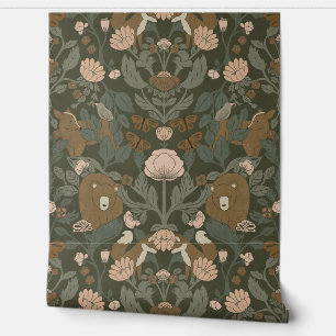 Papel Pintado Damasco de impresión de bloques de madera verde