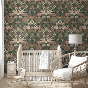 Papel Pintado Damasco floral verde y rosa