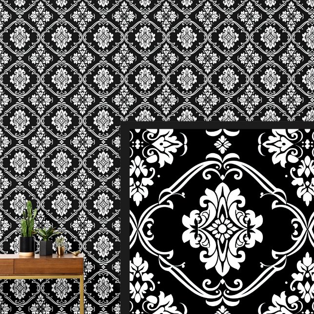 Papel Pintado Damasco gótico dramático blanco y negro (Subido por el creador)