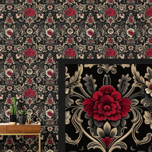 Papel Pintado Damasco gótico rojo y negro