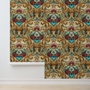 Papel Pintado Damasco Ornate Turquesa y Dorado