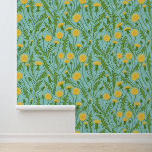 Papel Pintado Dandelions, verde, amarillo y azul