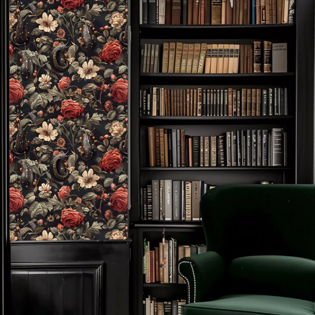 Papel Pintado Dark Academia Black Slugs y Flores rojas y blancas (Dark Academia Black Slugs and Red & White Flowers Wallpaper in a library.)
