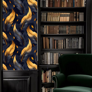 Papel Pintado Dark Academia Blue and Gold Feathers