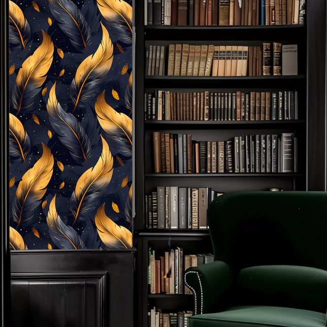 Papel Pintado Dark Academia Blue and Gold Feathers (Dark Academia Blue and Gold Feathers Wallpaper in a library.)