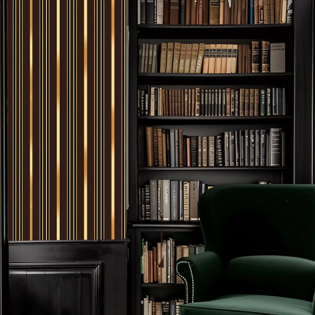 Papel Pintado Dark Academia Brown y Gold Strike (Dark Academia Brown and Gold Striped Wallpaper in a library.)