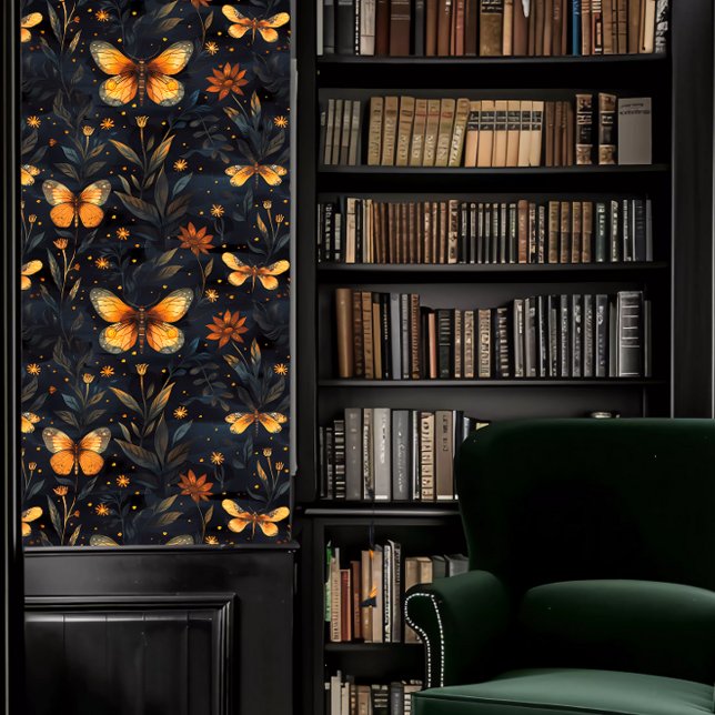 Papel Pintado Dark Academia Butterflies Gold (Dark Academia Gold Butterflies Wallpaper in a library.)
