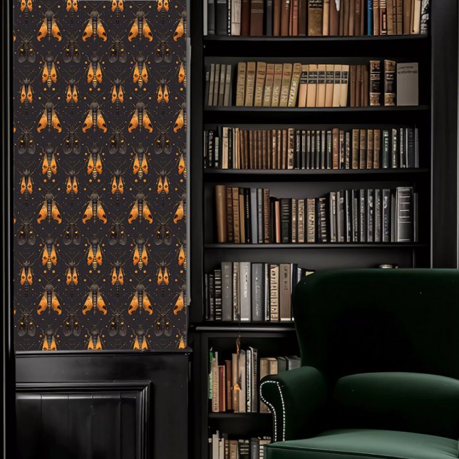 Papel Pintado Dark Academia Gold Insects (Dark Academia Gold Insects Wallpaper in a library.)