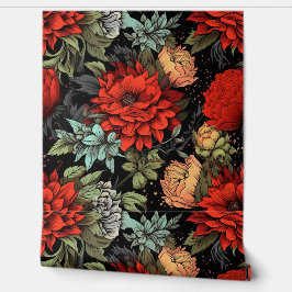Papel Pintado Dark Academia Maximalist Red Dahlia Floral