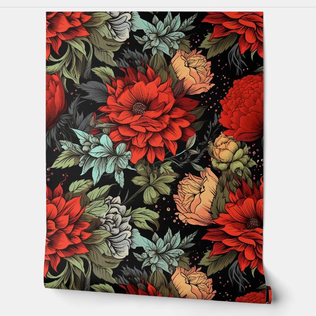 Papel Pintado Dark Academia Maximalist Red Dahlia Floral (Desenrollar)
