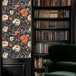 Papel Pintado Dark Academia Snakes & Red and White Flowers
