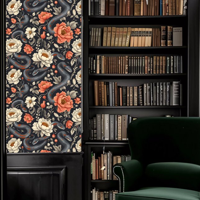 Papel Pintado Dark Academia Snakes & Red and White Flowers (Dark Academia Snakes & Red and White Flowers Wallpaper in a library.)