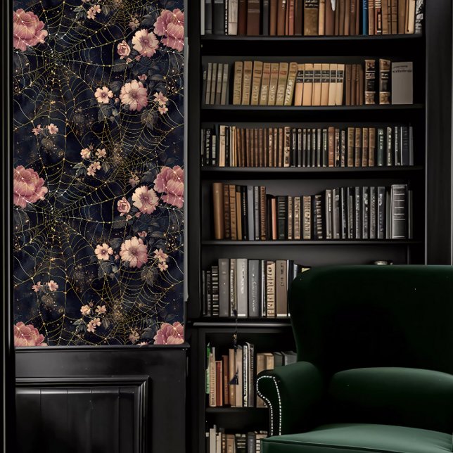 Papel Pintado Dark Academia Spider Webs con flores rosas (Dark Academia Spider Webs with Pink Flowers Wallpaper in a library.)