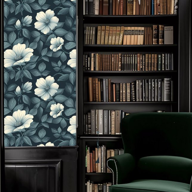 Papel Pintado Dark Academia Verde azulado Monocromatic Floral Wa (Dark Academia Teal Monochromatic Floral Wallpaper Wallpaper in a library.)