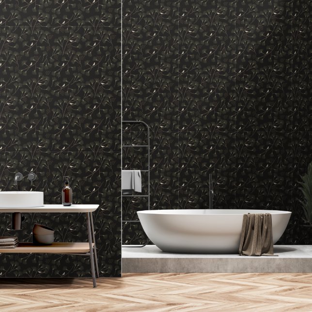 Papel Pintado Dark Charcoal Bird & Pine Tree Pattern – Japandi  (Baño)