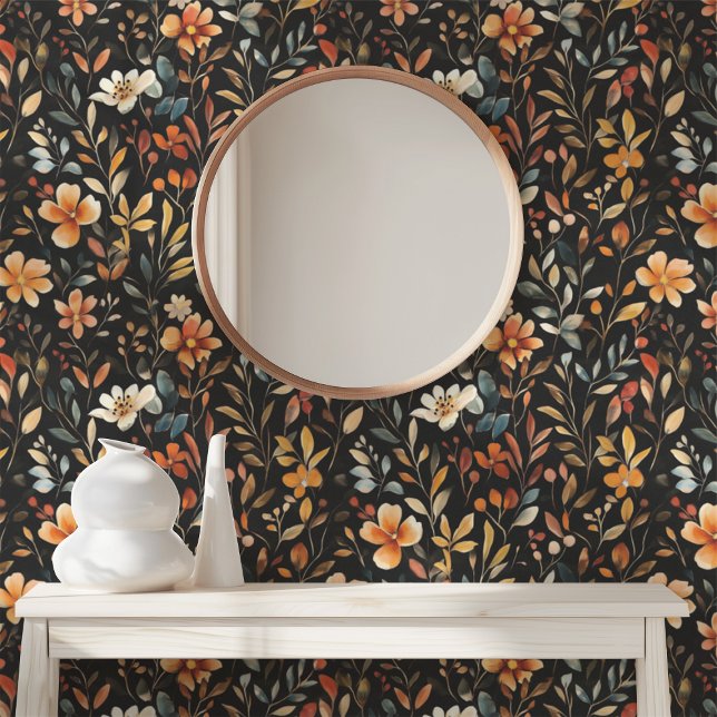 Papel Pintado Dark Floral Midnight Garden Moody Botánico Negro (Dark Floral Midnight Garden Moody Botanical Black Wallpaper)