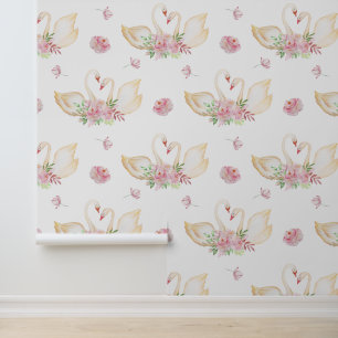 Papel pintado de acuarela romántica de cisnes y ro