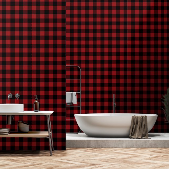 Papel pintado de cuadros negros y rojos (Baño)