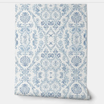 Papel pintado de damasco azul costero - Concha náu