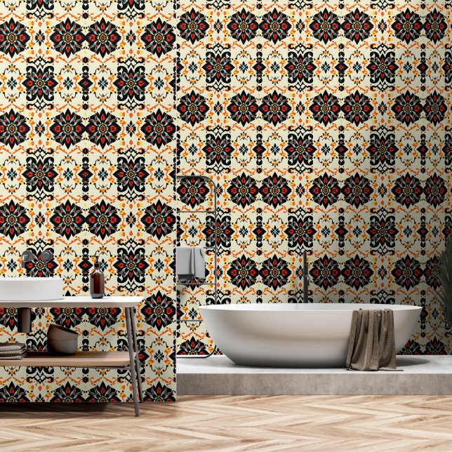 Papel pintado de damasco de arte popular vibrante (Baño)