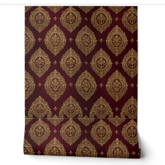 Papel pintado de damasco de lujo burgundy y dorado