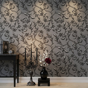 Papel pintado de damasco floral de plata de lujo E