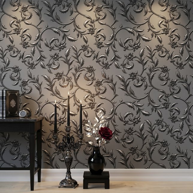 Papel pintado de damasco floral de plata de lujo E (Subido por el creador)