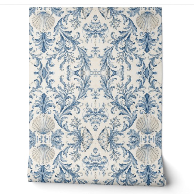 Papel pintado de damasco náutico de casa de playa  (Desenrollar)