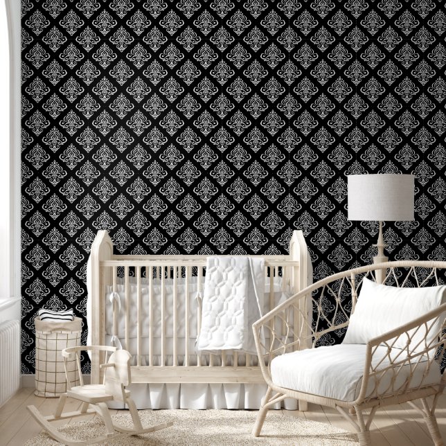 Papel pintado de damasco negro y blanco (Niños)