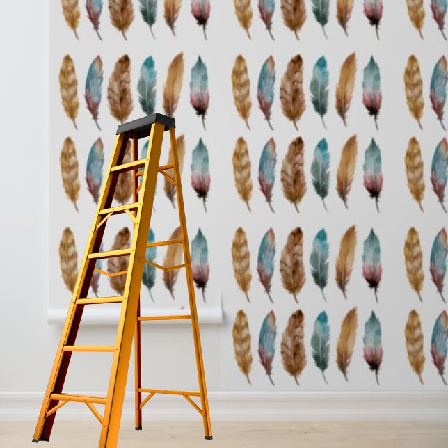 Papel pintado de papel pintado azul plumas marrón (Peel and stick wallpaper blue brown feathers wallpaper)