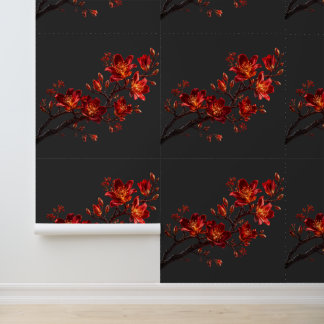 Papel pintado de rama floral rojo intenso y dorado