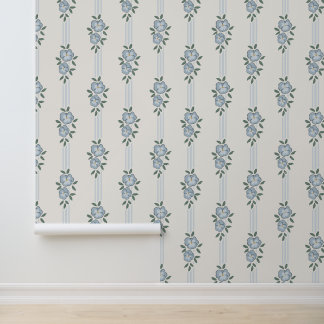 Papel pintado de rayas florales azules para cottag