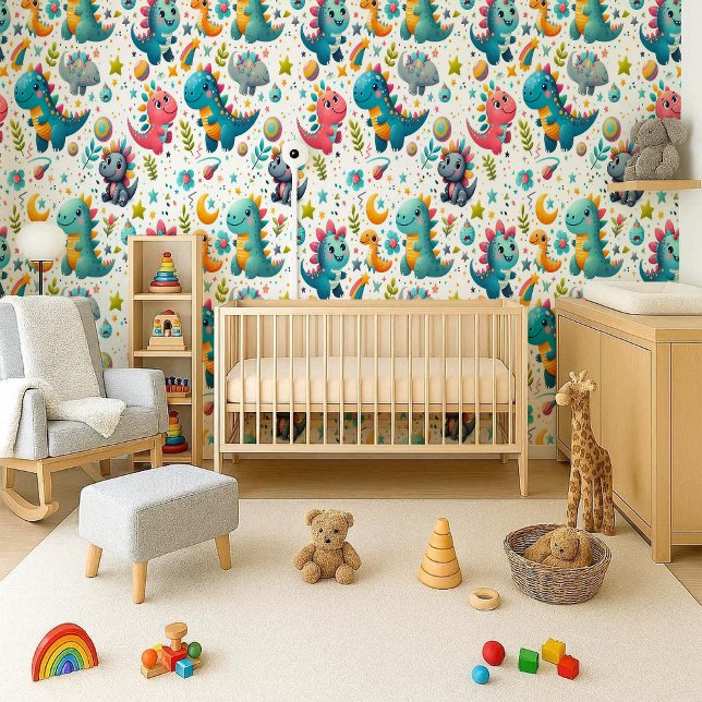 Papel pintado de vivero de dinosaurio bebé lindo a (Cute Baby Dinosaur Teal Nursery Dino Wallpaper)