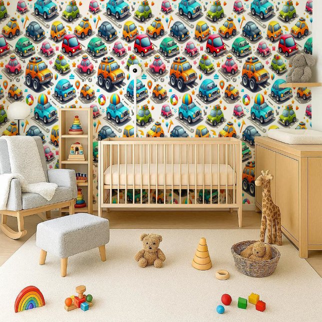 Papel pintado de vivero para niños con divertidos  (Cute Cartoon Cars Colorful Kids Nursery Wallpaper)