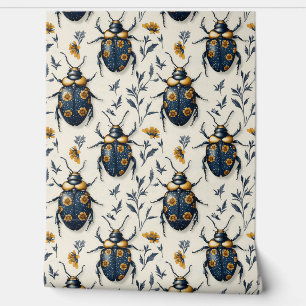 Papel Pintado Decoración Del Patrón Del Escarabajo Floral Azul Y