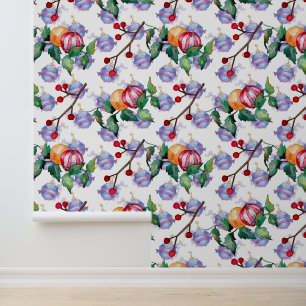 Papel Pintado Decoraciones navideñas acuarelas Rojo dorado