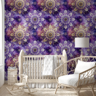 Papel Pintado Deep Purple and Gold Cosmic Mandala Pattern
