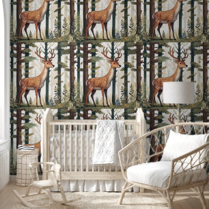 Papel Pintado Deer Whimsical Forest Animal Patterns Árboles Scen