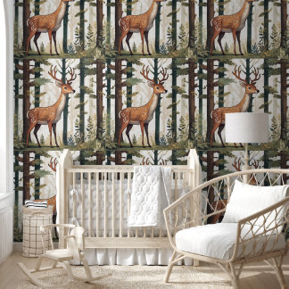 Papel Pintado Deer Whimsical Forest Animal Patterns Árboles Scen