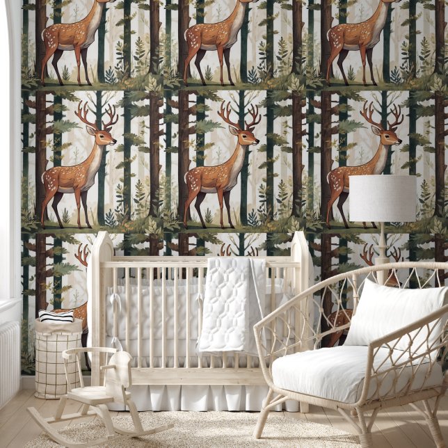 Papel Pintado Deer Whimsical Forest Animal Patterns Árboles Scen (Niños)
